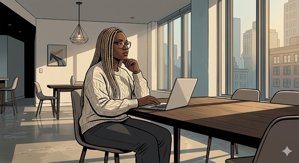 Illustrated portrait of Joyhdae seated at a desk, composed and thoughtful