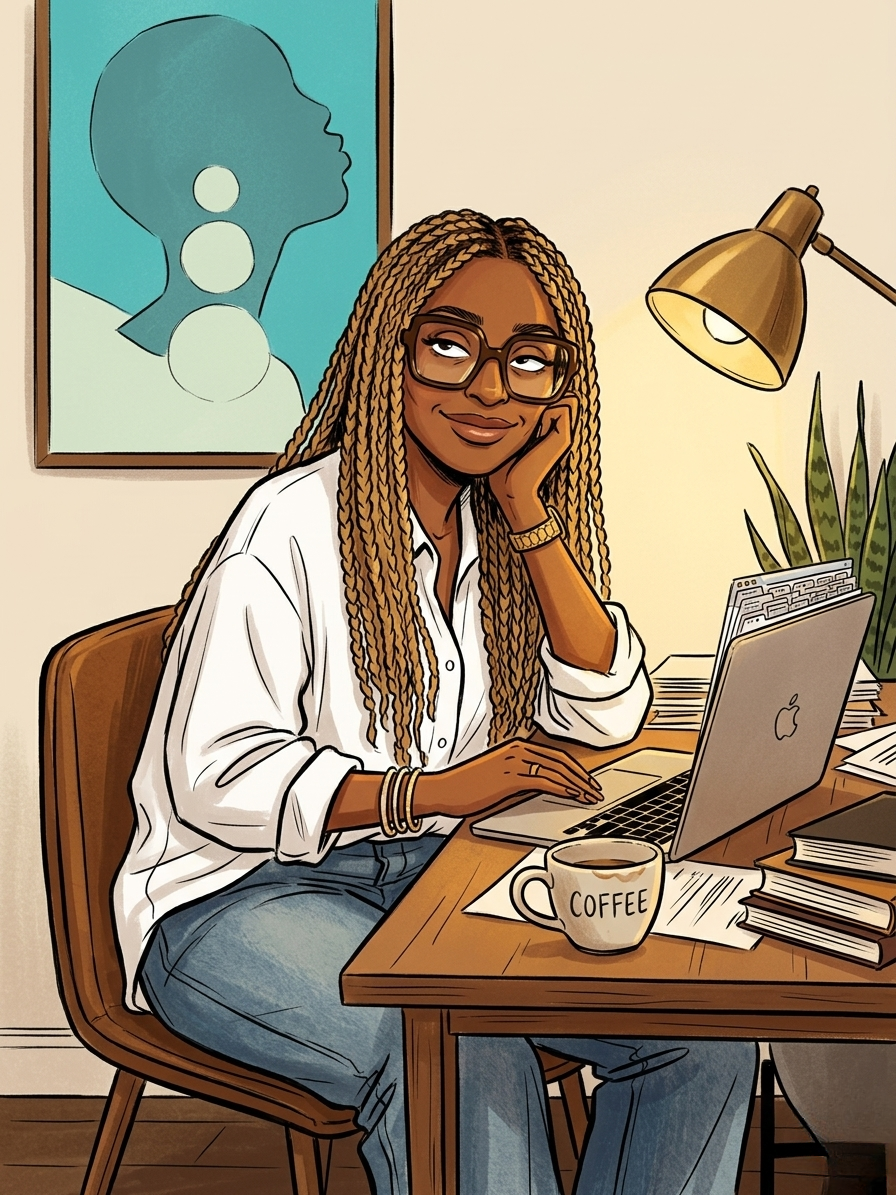 Illustrated portrait of Joyhdae at her desk with coffee