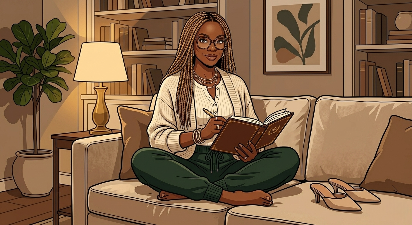 Illustrated portrait of Joyhdae on a couch with a journal, reflective
