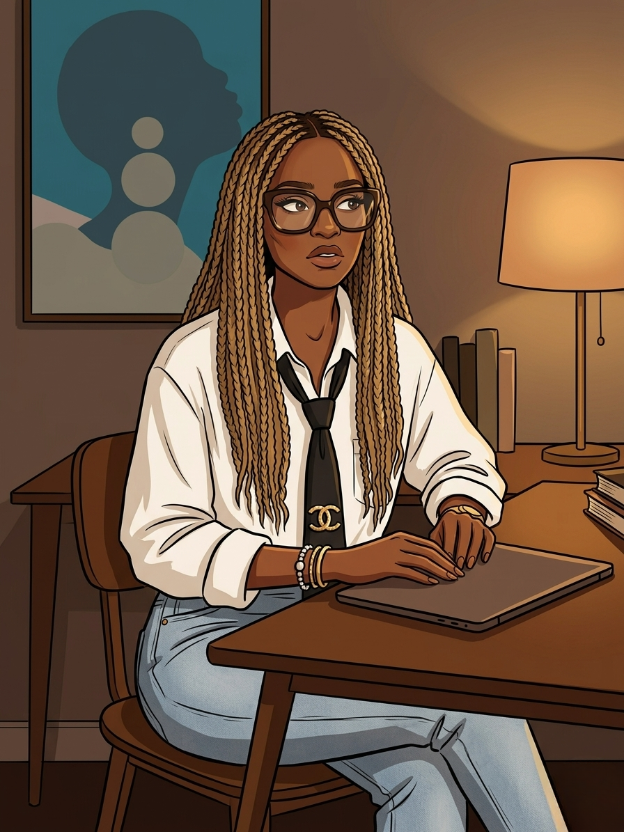 Illustrated portrait of Joyhdae at her desk