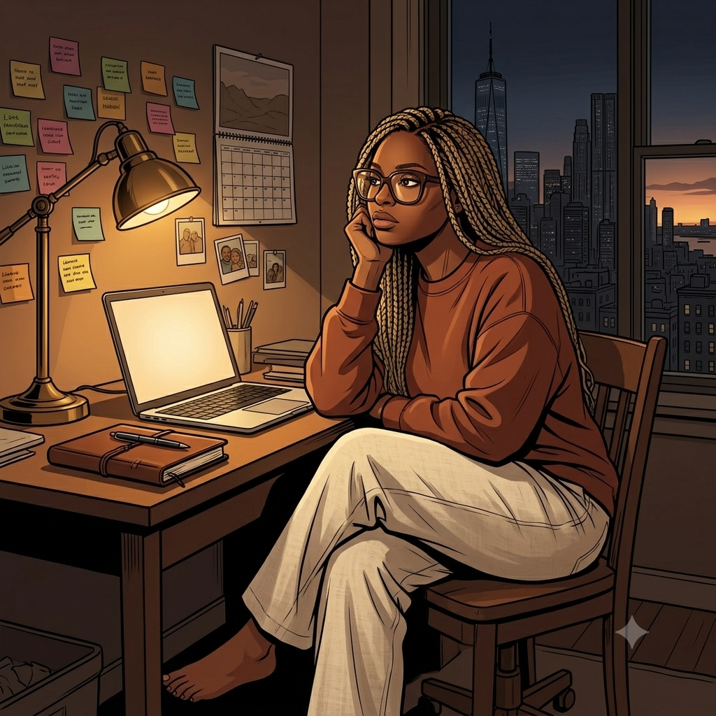 Illustrated portrait of Joyhdae at a night desk with a city skyline and post-its