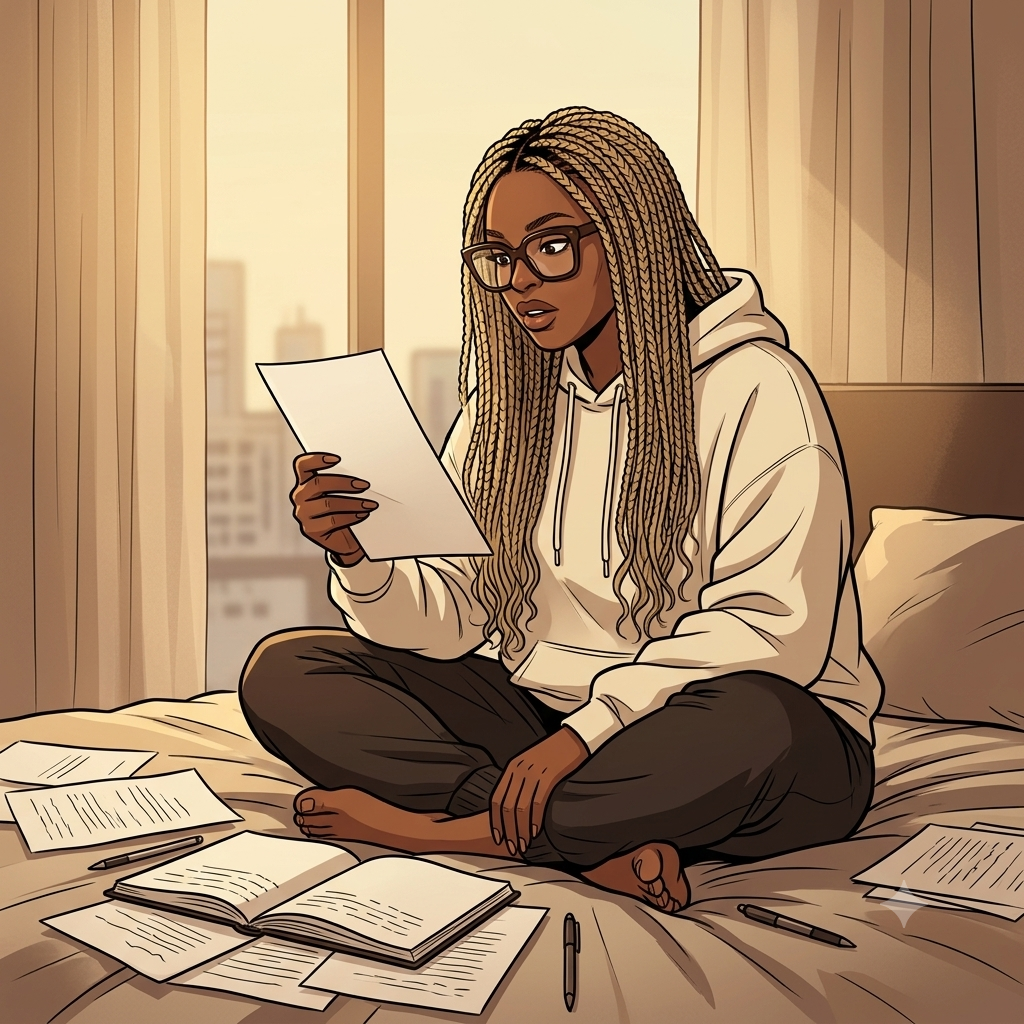 Illustrated portrait of Joyhdae reading a letter on her bed