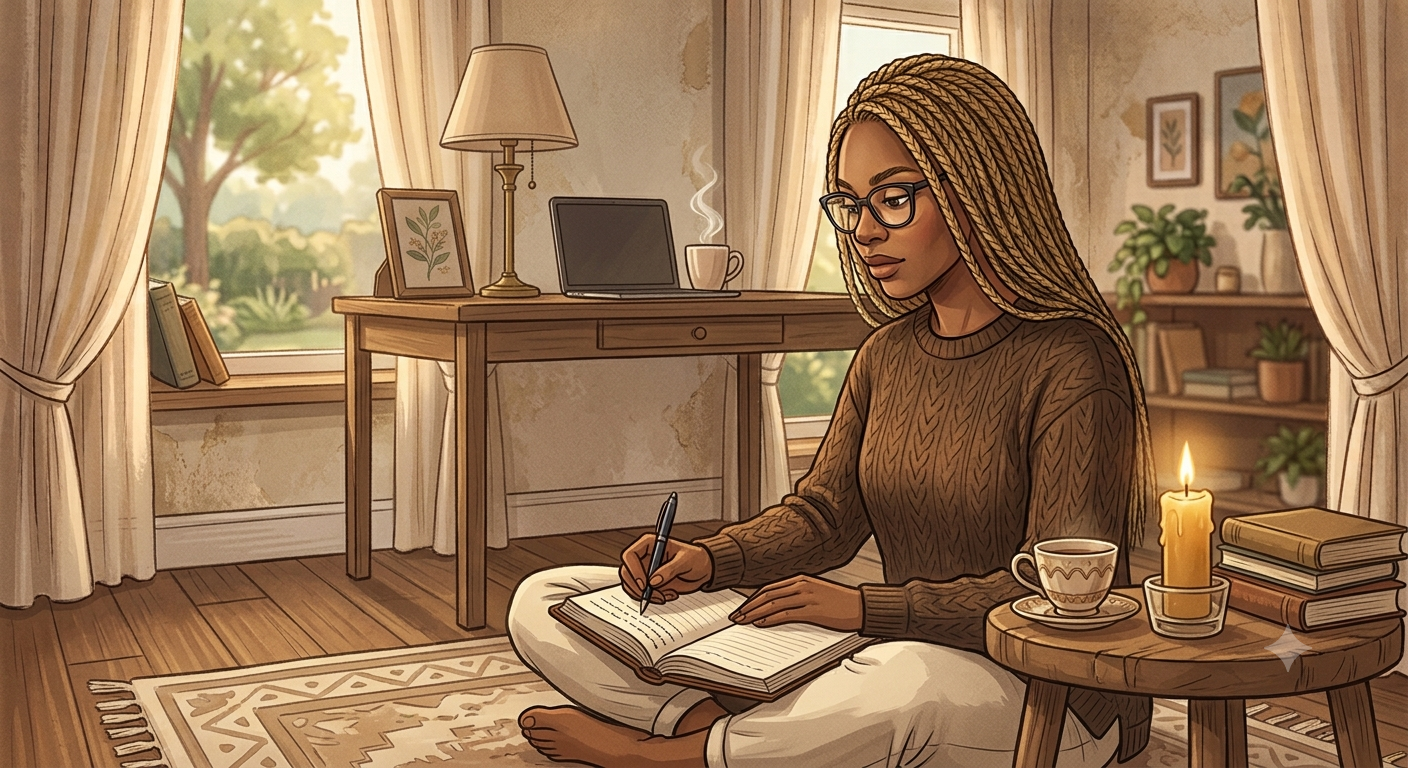 Illustrated portrait of Joyhdae journaling by candlelight
