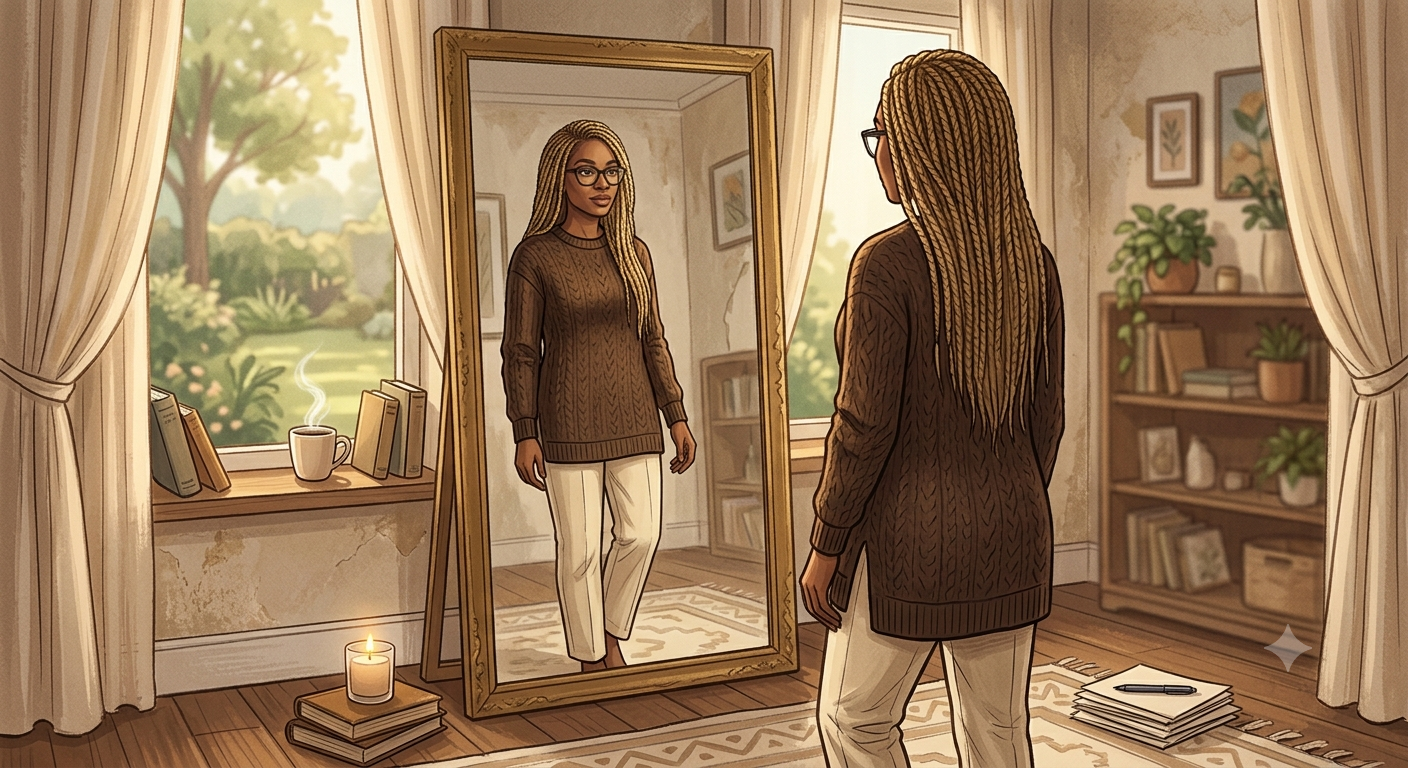 Illustrated portrait of Joyhdae looking into a mirror