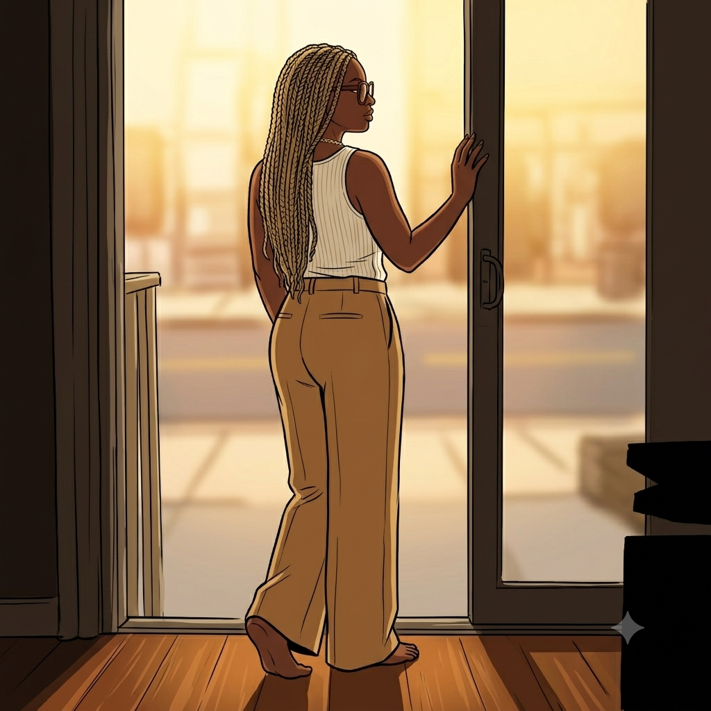 Illustrated portrait of Joyhdae stepping toward a sunset doorway