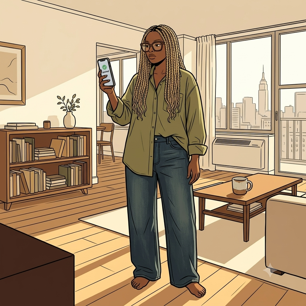 Illustrated portrait of Joyhdae checking her phone