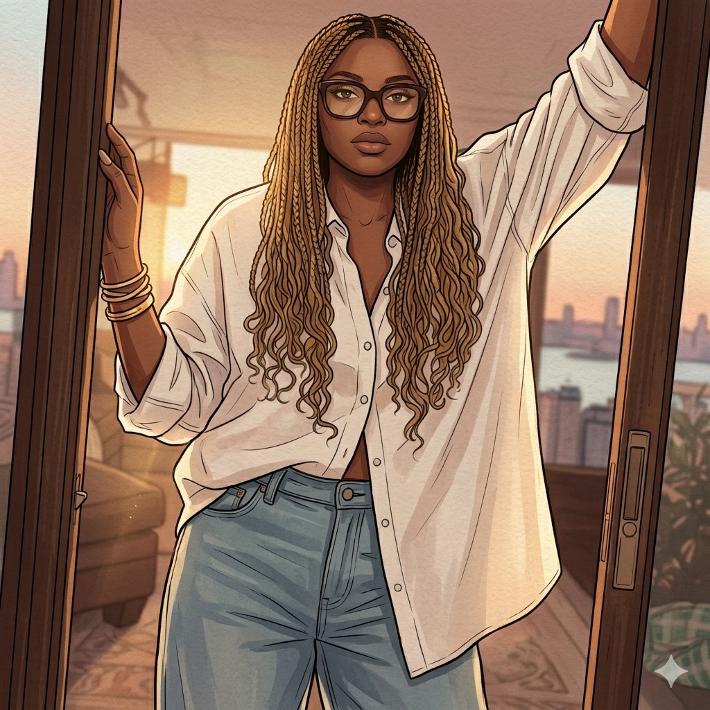 Illustrated portrait of Joyhdae standing at a doorway at sunset